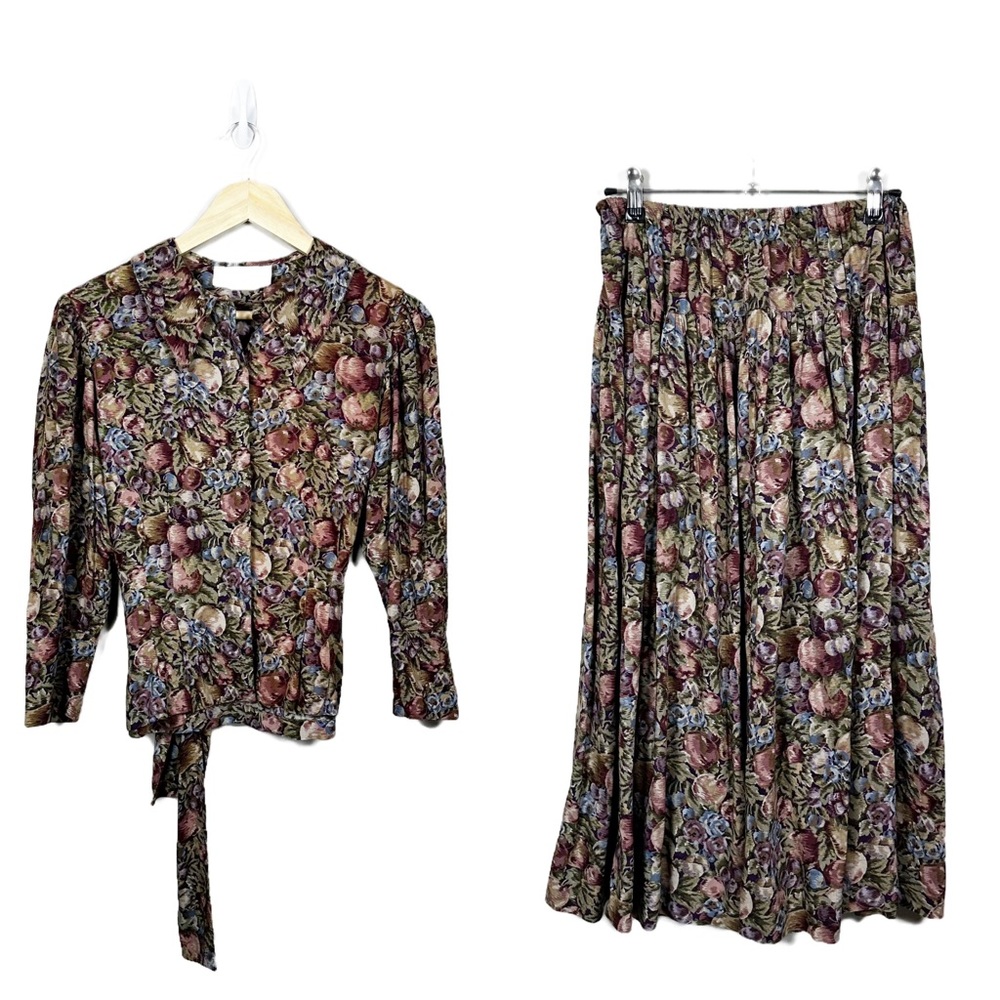 Eileen West Vintage 90s Floral Two-Piece Top and Maxi Midi Skirt